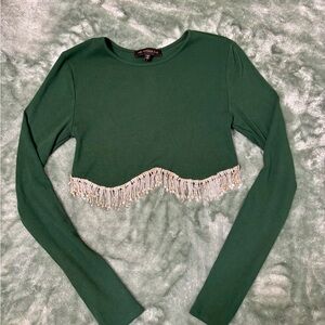 Green Long Sleeve Crop Top with Fringe